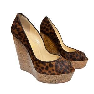 Christian Louboutin coroclic peep toe pony hair animal print‎ wedges size 38